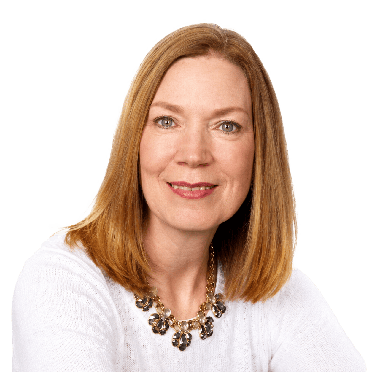 Professional woman with red hair and a white top, smiling confidently, representing Office Evolution franchising opportunities.